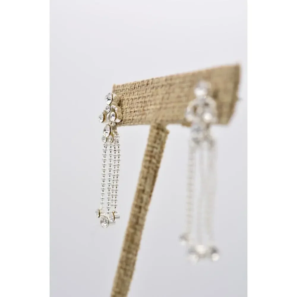 Y2K Vintage Crystal Dangle Earrings Chandelier Silver Tone Rhinestone Chain 9L